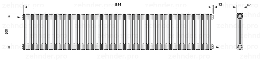 Схема (чертеж) Радиатор Zehnder Charleston 2050/41 №1670 Белый глянцевый RAL 9016